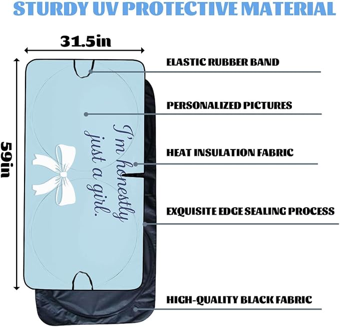 Cute Bow Car Window Sun Shield Blue Aesthetic Cute Coquette Front Window Sun Shade Blocks UV Rays Sun Visor Protector for Car Sedan Truck SUV Accessories 59" L x 31.5" W