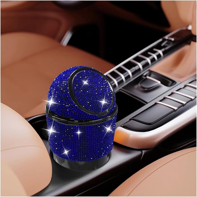 Bling Car Trash Can with Lid, Rhinestone Leakproof Waterproof Auto Cup Holder Garbage Bin, Portable Multipurpose Vehicle Dustbin and Organizer for Home Office Kitchen Bedroom (Blue)