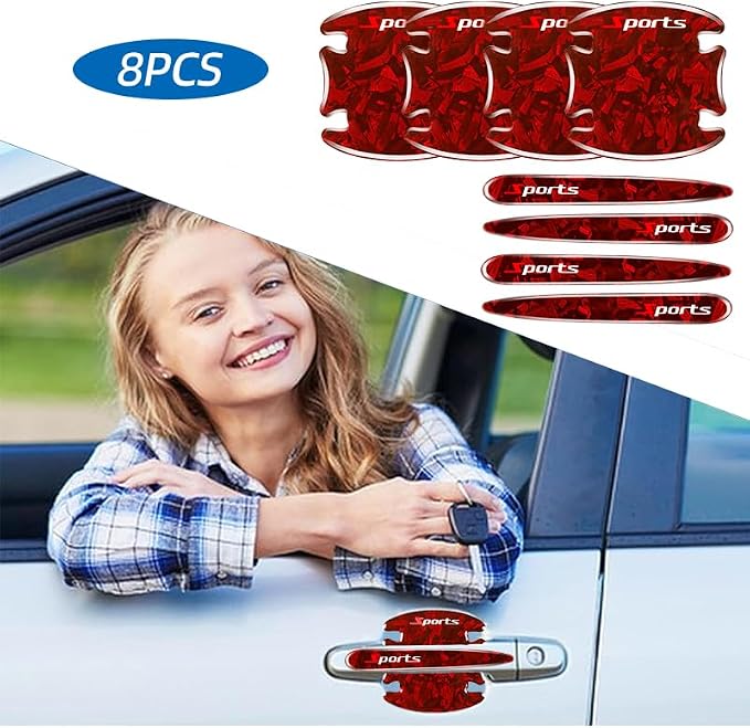8PCS Car Door Handle Scratch Protectors, 3D Patterned Carbon Fiber-Marking，Anti Scratch,Universal for Most Cars (Red)