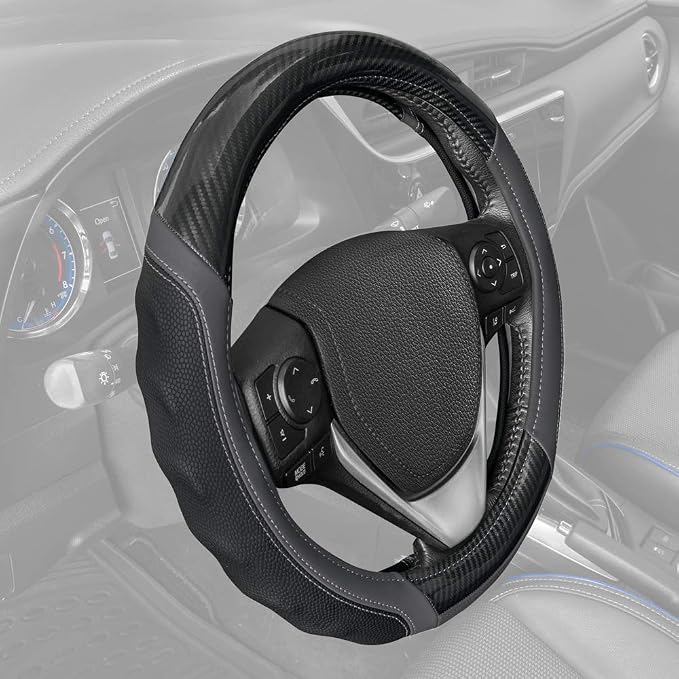 UltraSport Gray Carbon Fiber Steering Wheel Cover, Standard 15 inch Size, Black Faux Leather Comfort Grip, Car Steering Wheel Cover for Auto Truck Van SUV