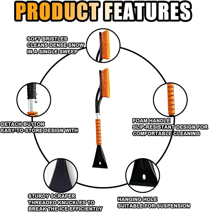 27" Snow Brush and Ice Scrapers for Car Windshield and Window, Detachable Winter Snow Remover Ice Shovel Tool with Ergonomic Foam Grip & No Scratch Bristles, Car Accessories for Truck SUV (Orange)