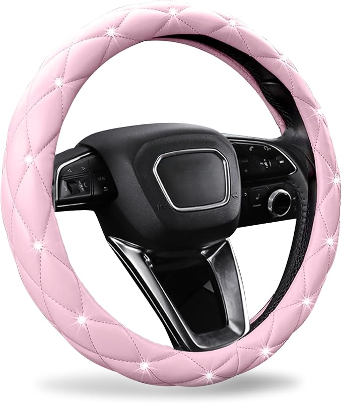 Pink Steering Wheel Cover 2026, Auto Cute Diamond Bling Comfort Leather Girly Car Interior Accessories Protector Sparkly Automotive Decoration for Women Girl Coquette