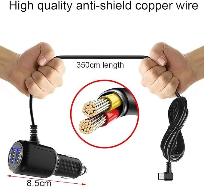 Micro USB Power Cord Cable with Dual Port USB,Vehicle Power Charging Cable with Length(11.5ft/350cm) for Car Dashcam Camera Charger Power Cord for Dashcam Supply Radar Detectors
