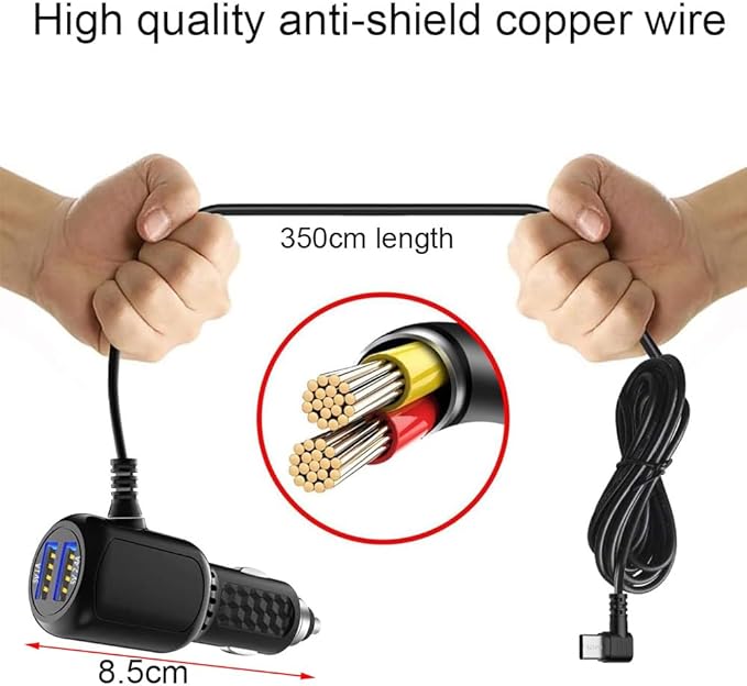 Type C USB Power Cord Cable with Dual Port USB for Car Dashcam Camera Charger Power Cord for Dashcam Supply Radar Detectors,Vehicle Power Charging Cable with Length(11.5ft/350cm)
