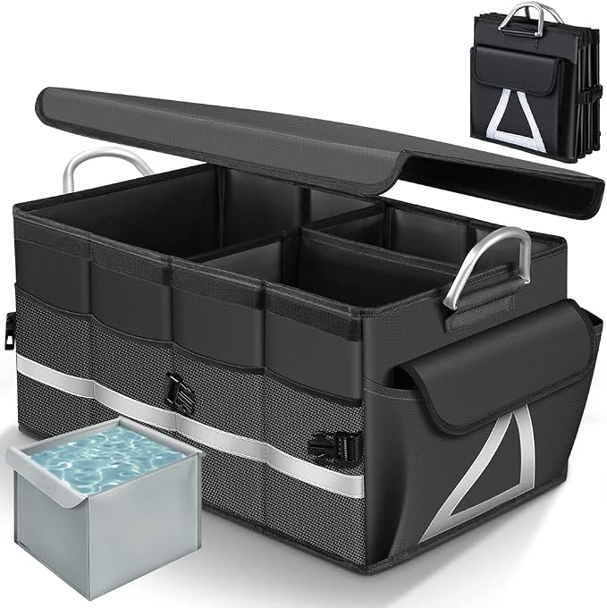 Trunk Organizer With Waterproof Bag, Collapsible Multi Compartment Storage for Car, SUV, Sedan, Truck - Non Slip Bottom, Aluminium Handle (Black, Large 66L)