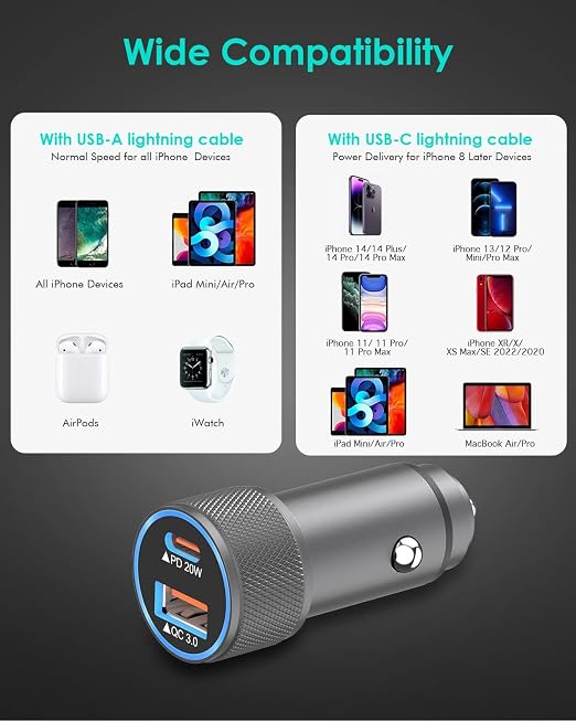 iPhone Car Charger,USB C Fast Car Charger[Apple MFi Certified] Apple Car Charging 38W Dual Port CarCharger Cigarette Lighter Adapter 2x3ft PD&QC 3.0 Lightning Cable for iPhone 14/13/12 Pro/11/Airpods