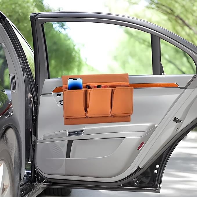 Car Window Armrest Storage Box, Soft Leather Vehicle Side Door Organizer Bag Elbow Rest Cushion with Multiple Pocket, Multifunctional Auto Window Armrest Storage Bag, Universal Fit (Brown)