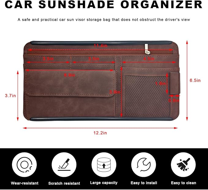 Car Sun Visor Organizer, Soft Leather Vehicle Sunshade Glasses Storage Bag with Net Zipper, Automotive Multi-Pocket Organizer for Drive License Card Glasses Document (Brown)