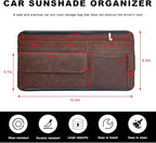 Car Sun Visor Organizer, Soft Leather Vehicle Sunshade Glasses Storage Bag with Net Zipper, Automotive Multi-Pocket Organizer for Drive License Card Glasses Document (Brown)