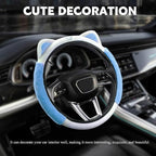 Car Steering Wheel Cover, 15 Inch Fluffy Soft Plush Auto Protector, Anti-Slip Elastic Lovely Car Cover Accessories with Kitty Cat Ears Universal for Most Vehicles (Fluffy-White+Blue)