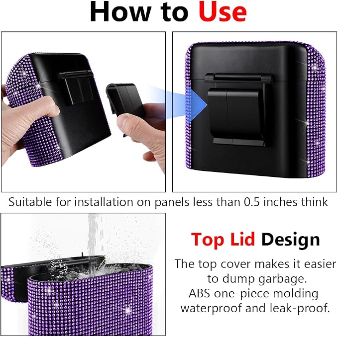 Car Trash Can with Lid, Mini Vehicle Trash Bin Car Dustbin Garbage Organizer,Bling Crystal Automotive Garbage Can Bin Trash Container for Auto Cars, Home, Office,Purple