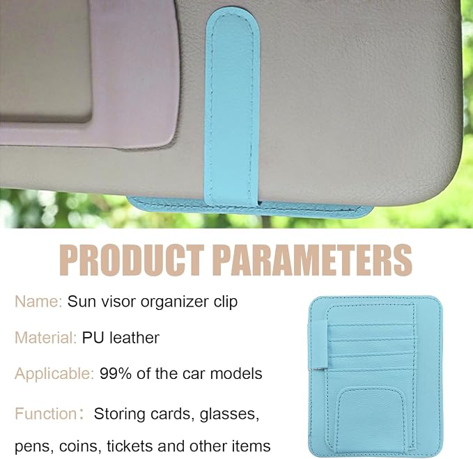 2 PCS Car Sun Visor Organizer, Small Auto Visor Organizer and Storage, Registration and Document Holder for Sunglasses, Card, Pen, Driver License, Car Accessories (Blue)