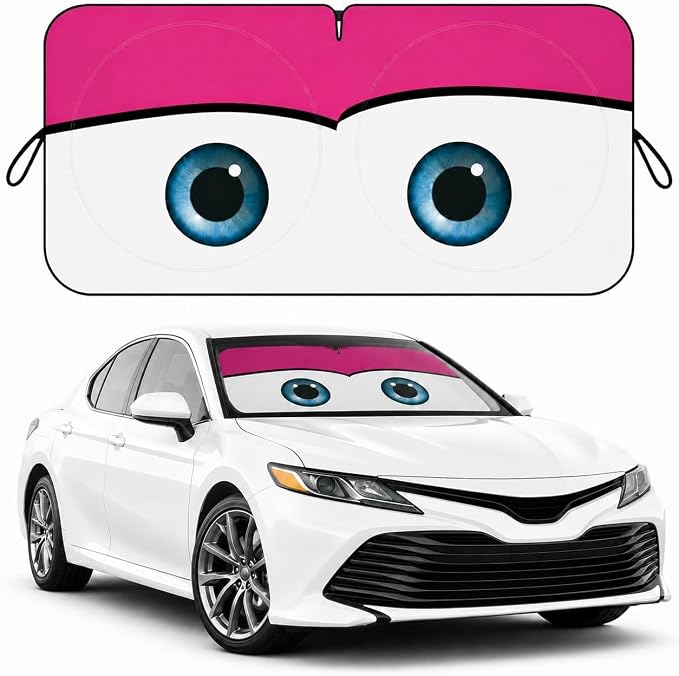 Car Windshield Sun Shade, Universal Fit Midsized Sedan SUV, Cute Pink | 63 x 31.5" Windshield Cover, Foldable Front Window Sunshade, UV Heat Protection, Cute Eyes Series
