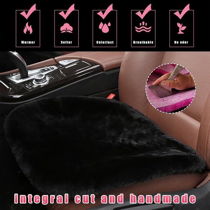 2 PCS Sheepskin Car Seat Cushion, Comfortable Soft Fur Wool Auto Front Seat Cover, Vehicle Seat Protector Pad for Warm Winter Office Chair, Universal Decor Car Accessories (Black)