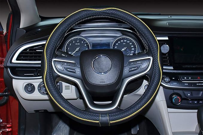 Small Size Steering Wheel Cover Anti-Slip,Safety,Soft,Breathable,Durable,Full Surround,Comfortable Grip Microfiber Leather (14-14.25 inch, Black Yellow)