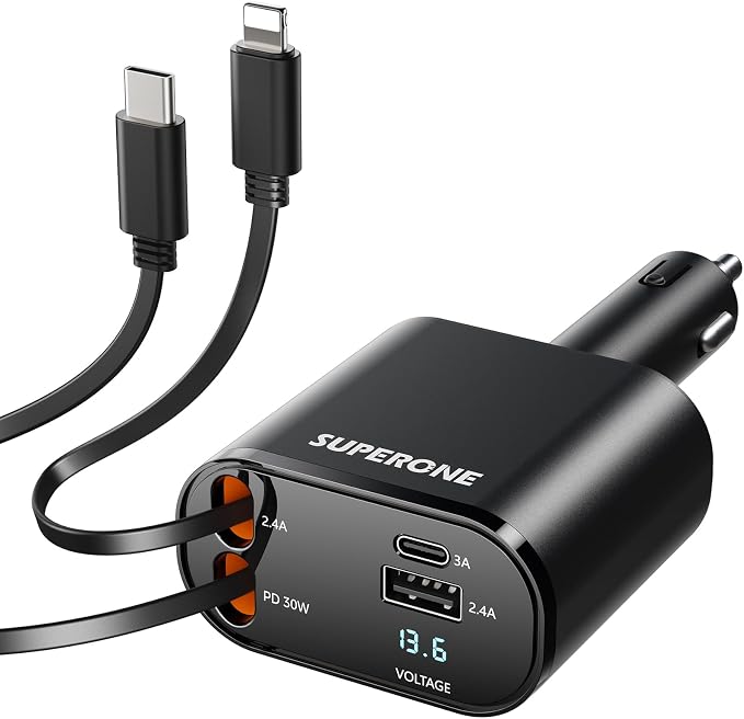 Retractable Car Charger 4 in 1 Fast Car Phone Charger Adapter with Type C & Apple Cords Compatible with iPhone 17/16/15/14/13/12/11, Galaxy, Pixel