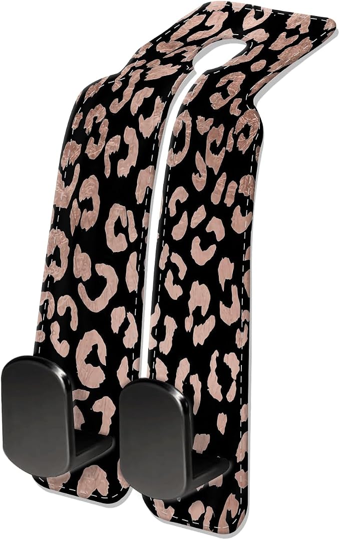 Car Seat Headrest Hook, Universal Leather Cute Hanger Holder Hook, Storage Organizer Interior Accessories for Purse Bags Handbag Glitter Black Leopard