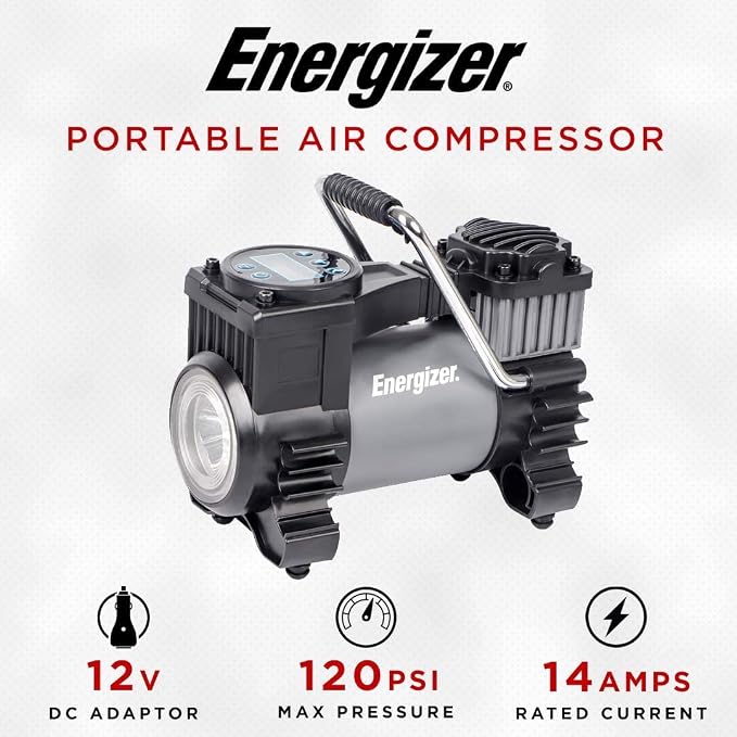Portable Air Compressor, 12V DC Air Pump for Car Tires with Digital Tire Pressure Gauge, 120 Max PSI, Preset Pressure Feature, LED, and Digital Display