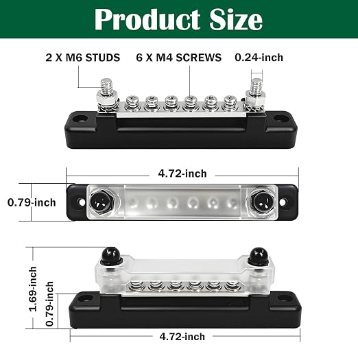 150A Power Distribution Block with Cover + Ring Terminals, Auto Bus Bar 12V Marine Waterproof for RV, Boat Ground Negative Buss Bar Kit -2 x M6 Post + 6 x M4 Screws