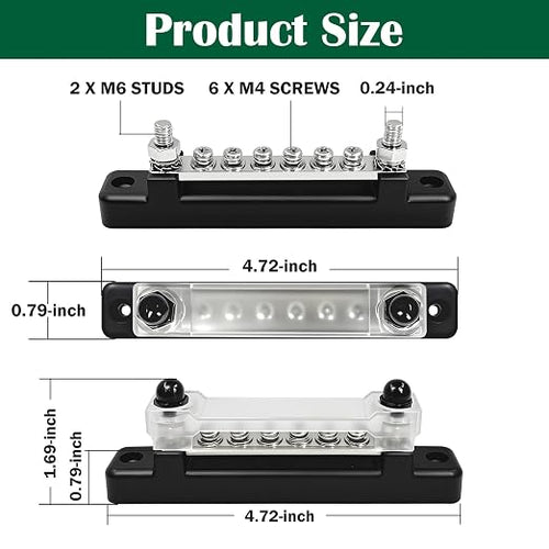 150A Power Distribution Block with Cover + Ring Terminals, Auto Bus Bar 12V Marine Waterproof for RV, Boat Ground Negative Buss Bar Kit -2 x M6 Post + 6 x M4 Screws