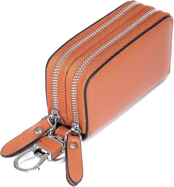 Key Fob Case Genuine Leather, Double Zipper Car Key Holder & Key Wallet with Keychain, Key Pouch for Purse Gift