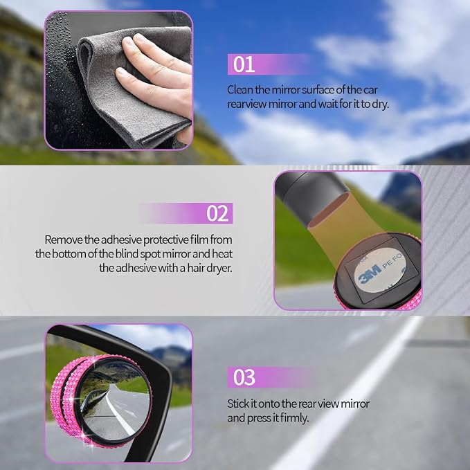 2PCS Blind Spot Mirrors, Convex Car Mirror, 2" Round HD Glass Convex Rear View Mirrors with Frame, 360 Degree Wide Angle Side Rear View Accessories Universal for Most Sedans SUVs Trucks (Pink)