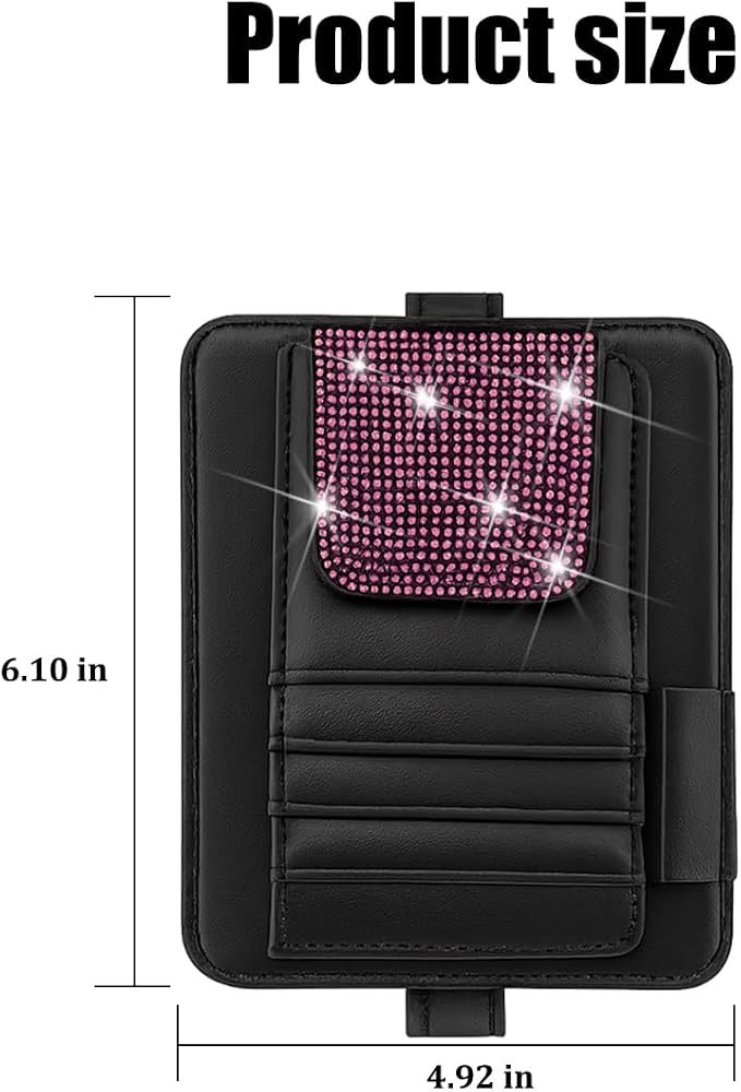 Bling Car Sun Visor Organizer, Multi Pocket Crystal Rhinestone Vehicle Sunshade Card Sleeve Storage Pouch with Pen Sunglass Holder, Auto Interior Visor Organizer Pouch, Universal Fit (Pink)