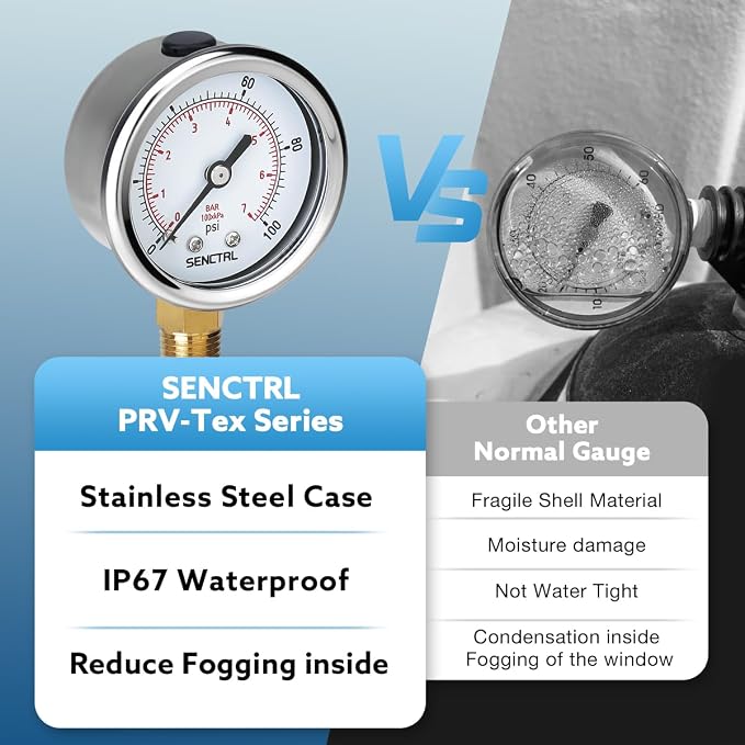 0-100 Psi Pressure Gauge, 2" Dial Size, 1/4 NPT Lower Mount, Waterproof, Stainless Steel Case, for Water Filter Well Pump Air Tire Low Pressure Test