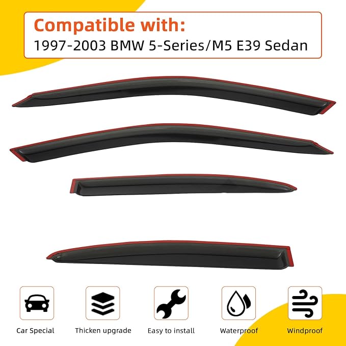 Rain Guards Compatible with 1997-2003 BMW E39 5-Series 4-Door Sedan M5 525 528 530 540 i Tape-On Side Window Visor Wind Deflector Vent Visors Car Accessories