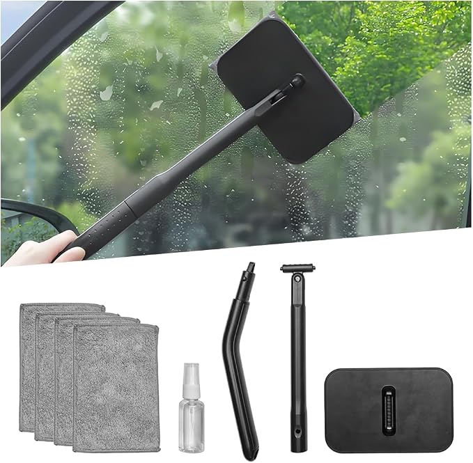 Zpana Car Windshield Cleaning Tool, Vehicle Window Cleaner with Extendable Handle & 4 Washable Microfiber Pads, Automotive Glass Wiper Windscreen Wash Kit, Universal for Vehicles