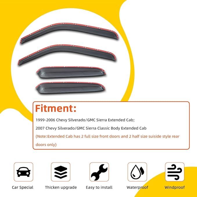 Window Visor Rain Guards Compatible with 1999-2006 Chevy Silverado/GMC Sierra 1500/2500/3500/2500HD, 2007 Classic Body Extended Cab Window Deflectors Vent Visor Shades for Trucks Tape-On
