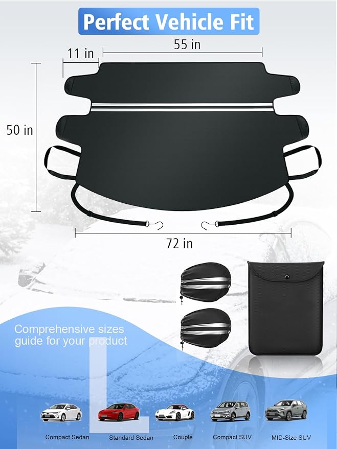 Windshield Cover for Ice and Snow [600D Upgraded Diamond-textured Fabric]– Multi-Layer Cover with Reflective Mirror Covers & Larger Storage Bag|Fit for SUVs, Small Trucks, Sedans| L (72"x50")