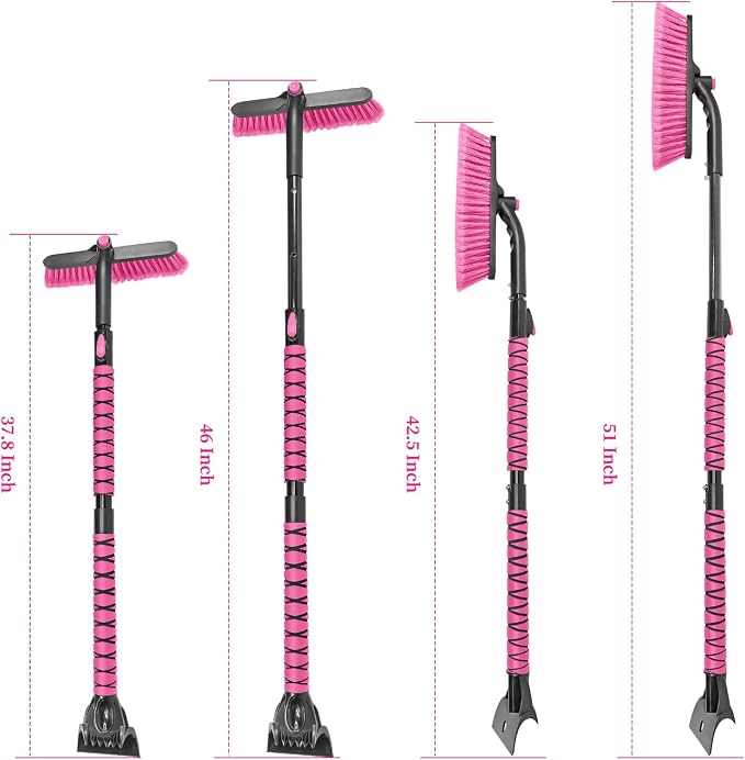 51 Inch Snow Brush for Trucks, Extendable Long Handle Ice Scraper with Brush with Foam Grip, SUV Heavy Duty Snow Brush with Ice Scraper for Car Auto RV Vehicle Windshield Window - Pink