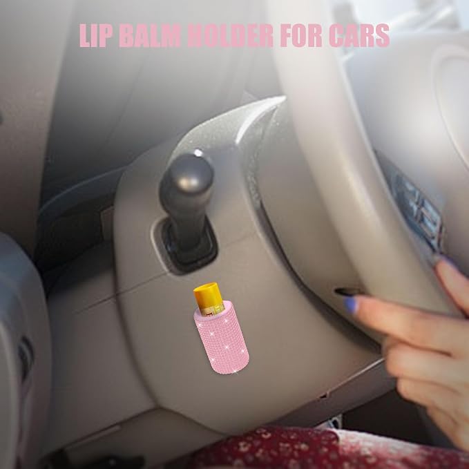 Upright Car Chapstick Holder, Bling Insulating Lip Balm Holder,Rhinestone Car Accessories for Women Interior,Suitable for Most Vehicles. (Pink)
