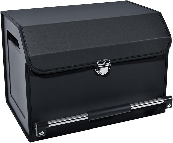 Car Trunk Organizer, Leather Trunk Organizer with Lid and Push-pull Handle Car Storage Box for SUV, Minivan, Sedan (Black, 16.9 x 11.4 x 12.2in)