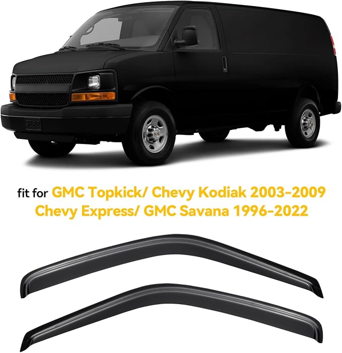 Window Visors for Chevrolet(Chevy) Express/GMC Savana 1996-2025, Rain Guards Shield Vent Shade Deflector Dark Smoke for GMC Topkick C4500 C5500 03-09/ Chevy Kodiak 03-09, Tape-On, 2PCS