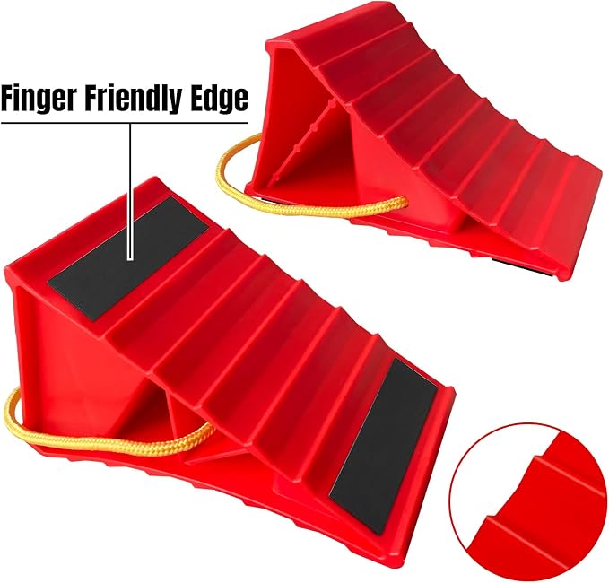 2 Pair Wheel Chocks for Travel Trailers, Non Slip Heavy Duty Red Wheel Chock with Rope, Lightweight Wheel Stoppers for Cars Campers Trucks RVs, Easy to Carry & Suitable for Most Tyre Sizes
