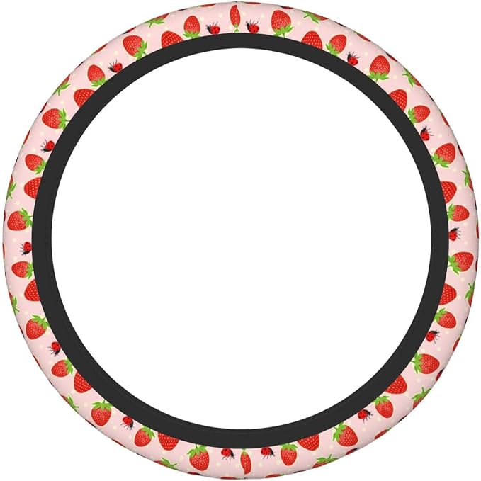 Strawberry Ladybugs Elastic Steering Wheel Cover Non-Slip Breathable Steering Wheel Protector Fit Auto, SUVs, Truck