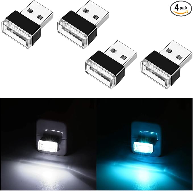 4 PCS USB LED Car Interior Atmosphere Lamp, Portable Mini LED Night Light, Plug-in USB Interface Trunk Ambient Lighting Kit, Universal Car Interior Accessories (White, Ice Blue)