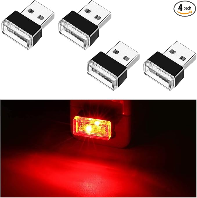 4 PCS USB LED Car Interior Atmosphere Lamp, Portable Mini LED Night Light, Plug-in USB Interface Trunk Ambient Lighting Kit, Universal Car Interior Accessories (Red)