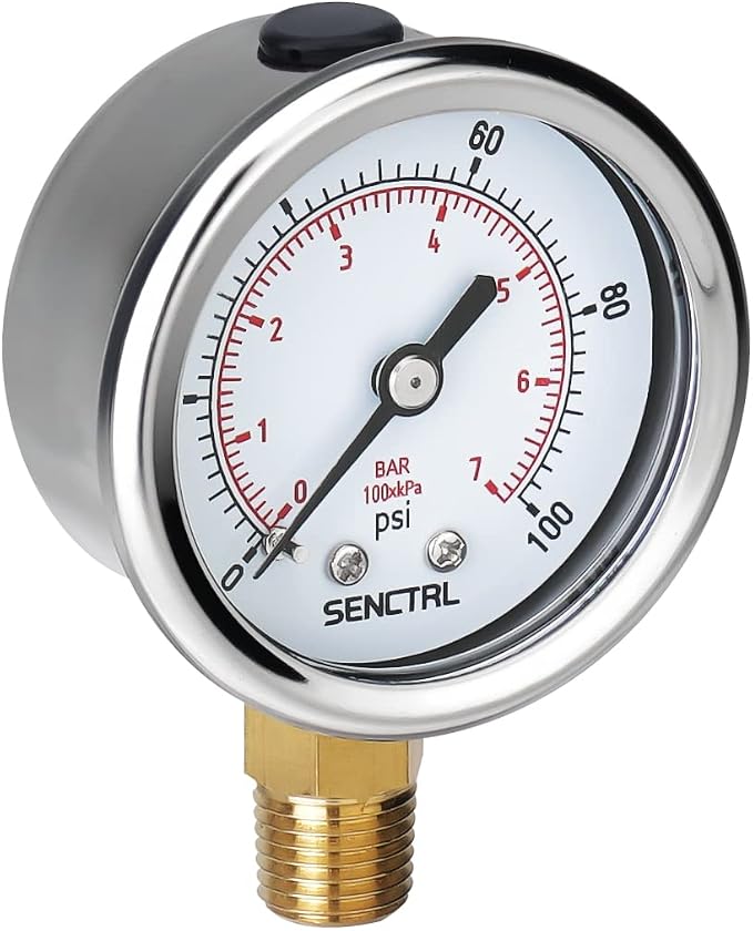 100 Psi Lead-Free Pressure Gauge, 2" Dial, 1/4 NPT Lower Mount, Waterproof, Stainless Steel Case, for Home Potable Water Tank, Well Pump, RV Regulator, Espresso, Pool Filter Test