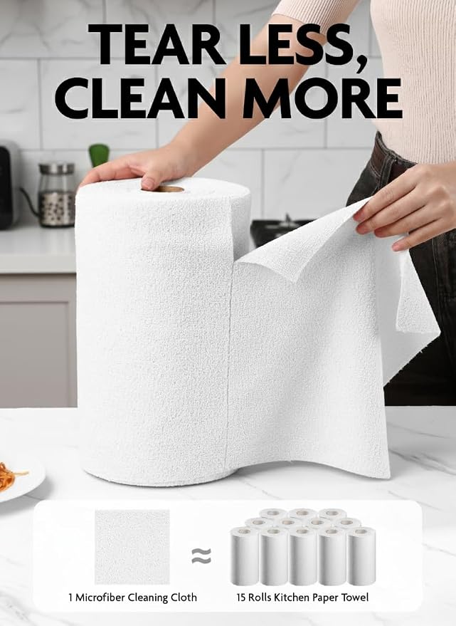 Microfiber Cleaning Cloth Rolls-675 Sheets (9 Rolls of White) | 12'' by 12'', Super Absorbent, Lint-free, Tear-away Microfiber Towel Roll, for All-Purpose Cleaning