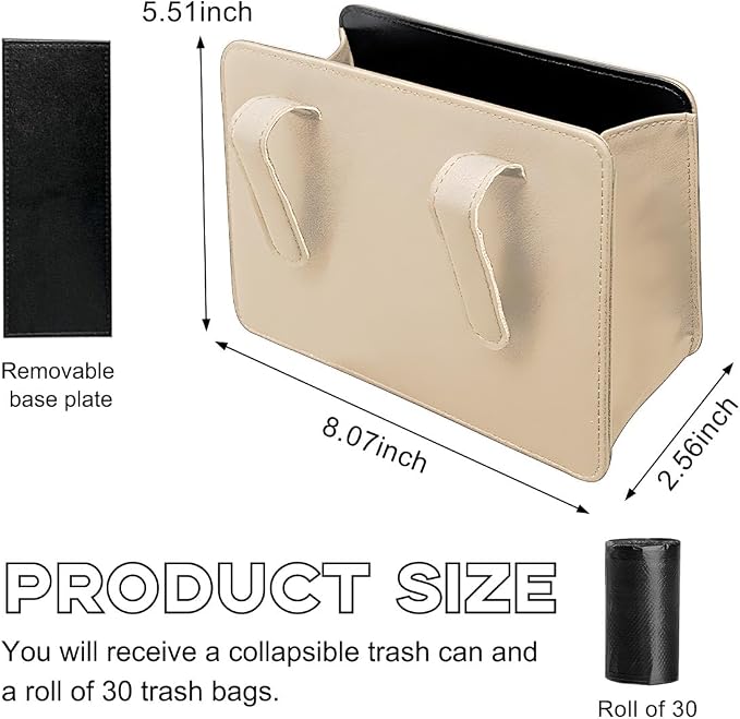 Yourkar Car Trash Can, Foldable Waterproof Leather Car Garbage Organizer Holder, Automotive Mini Dustbin Container with One Roll Trash Bag, Universal Interior Car Accessories (Beige)