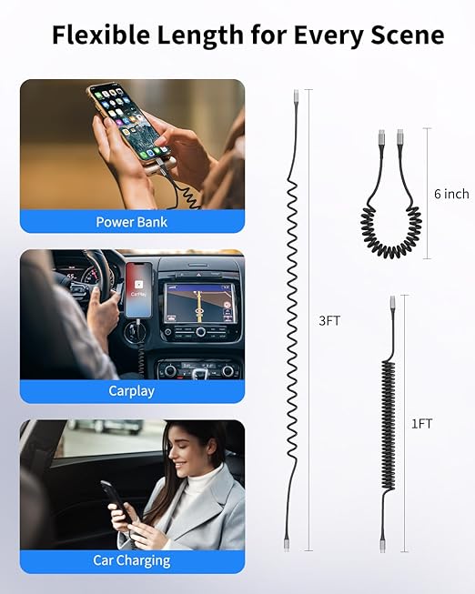 Coiled USB A to USB C Cable for Car, 2 Pack Type C Charger Fast Charging Cable 3FT, USB to USBC Cable for Carplay, Android Auto, iPhone 17 16 15 Pro Max, Samsung Galaxy S25 S24 S23 Ultra