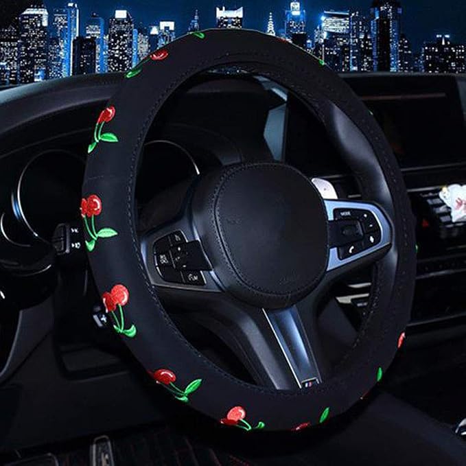 Cute Car Steering Wheel Cover with Embroidery Pattern for Women Girls, Short Flannel, Universal 15 inch (D#)