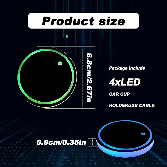 4pcs LED Car Cup Holders, Waterproof Cup Holder with 7 Colors Changing USB Charging Mat, LED Interior Atmosphere Lamp Decorations with 2pcs USB Cables for Car Truck Vehicle Accessories
