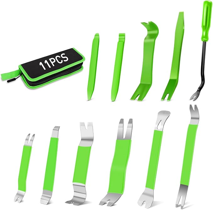 11 PCS Trim Removal Tool Kit, Metal Pry Tool Auto Fastener Remover Pry Bar Set Car Door Panel Removal Tool Dashboard Repair Kit Green