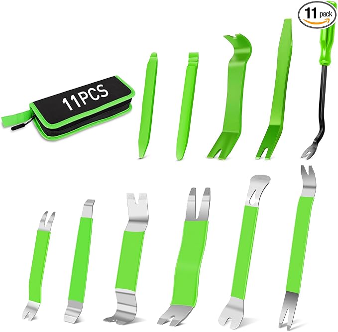 11 PCS Trim Removal Tool Kit, Metal Pry Tool Auto Fastener Remover Pry Bar Set Car Door Panel Removal Tool Dashboard Repair Kit Green