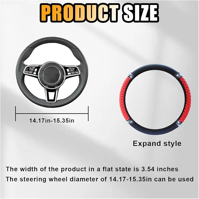 15 Inch Bling Soft Leather Car Steering Wheel Cover, Red | Colorful Rhinestones Design, Auto Elastic Protector for Women Girls, Crystal Diamond Car Accessories for Most Cars, SUVs