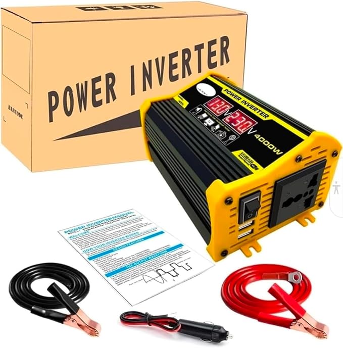 High-Power 4000W DC to AC Power Inverter – 12V to 110V/220V Converter with Dual USB Ports, Universal AC Outlet, LED Display for Cars, Trucks, RVs, and Home Backup (Yellow, 220V)